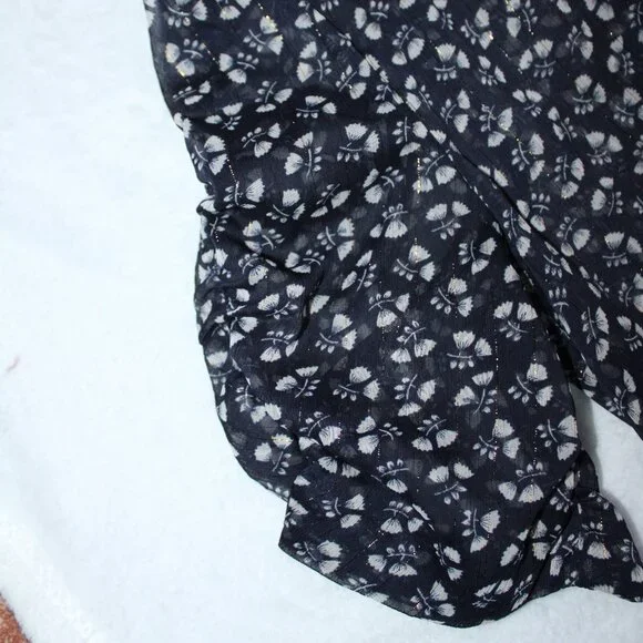 J. Crew Sheer Floral Blue & Gold Blouse Ruched Sleeves Short Sleeve Size Small - Picture 5 of 5